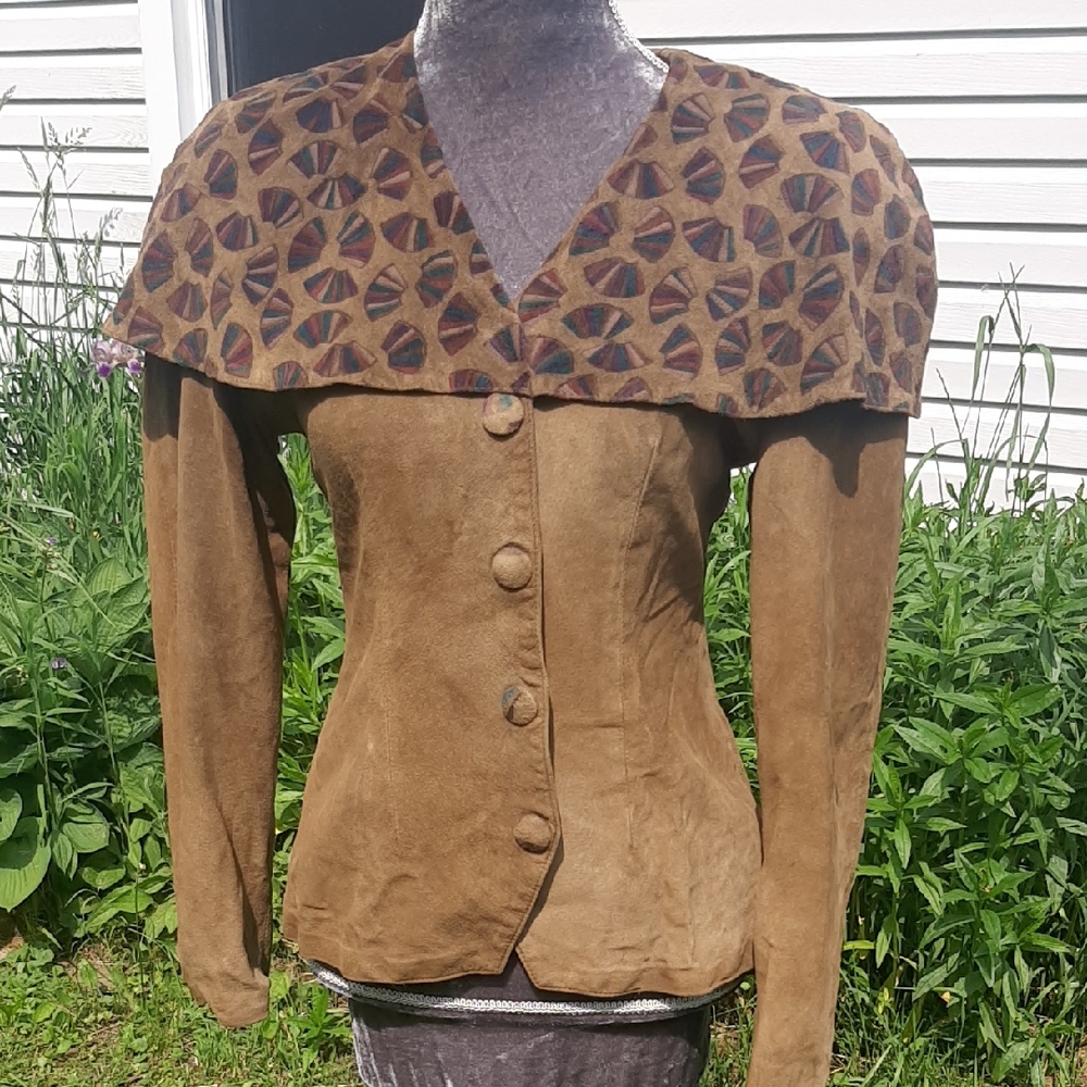 80's🤎DANIER🤎SUEDE Military Green Jacket with Attached Hand Painted Caplet SZ S - Picture 3 of 16